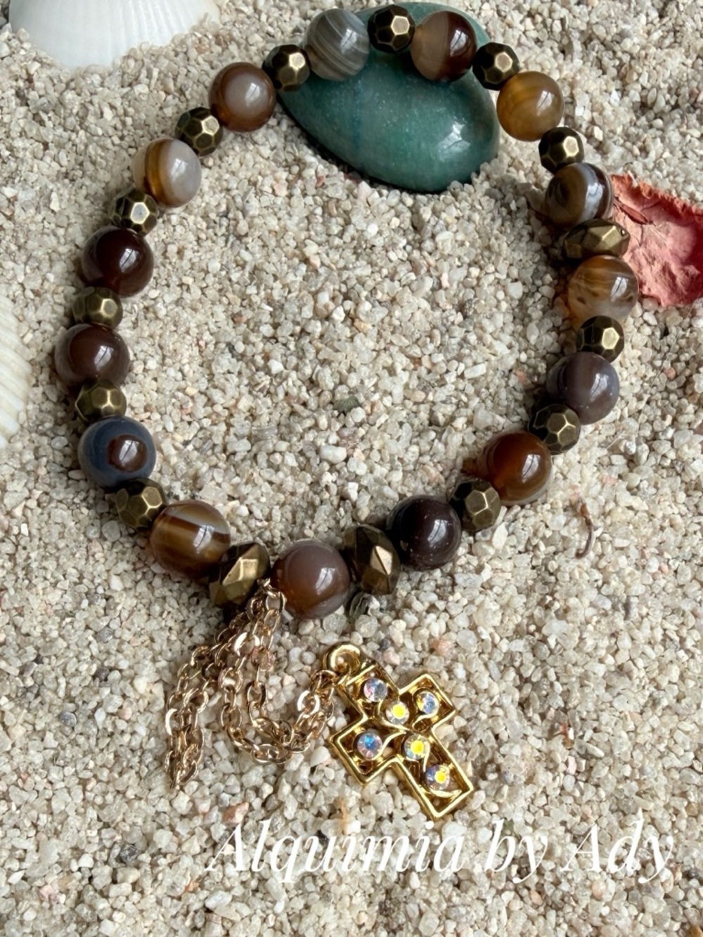 EARTHY Brown and Gold Agate Beaded Bracelet with Gold Cross Charm